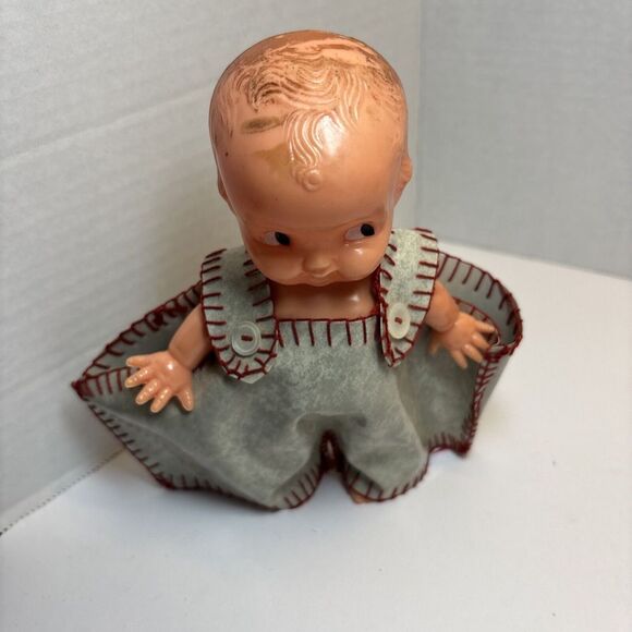 1930a CELLULOID KEWPIE TYPE DOLL SHOT GLASS  HOLDER GRAY OVERALLS SIDEWARD EYES - Picture 10 of 12